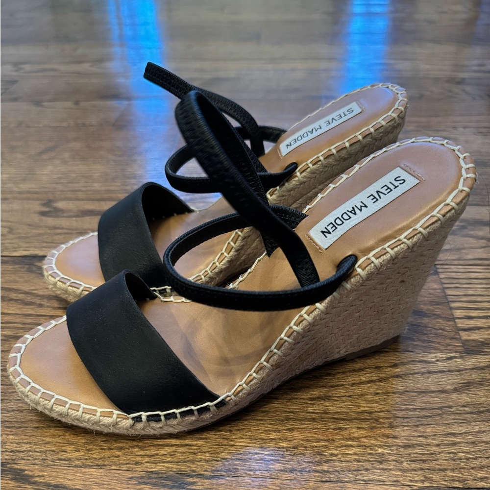 Steve Madden McKenzie Espadrille Wedge Sandals Black Size 8.5